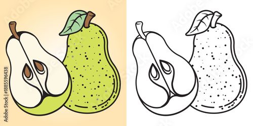 Cute pear fruit illustration for kids coloring pages with bold simple outlines. Main object and background are separated (not in one layer), perfect for education and coloring books