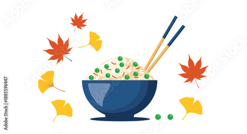 Delicious bowl of Japanese green pea rice served with wooden chopsticks and decorated with colorful autumn ginkgo and maple leaves.