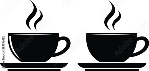 Black coffee cup silhouette set, hot drink icon with steam, isolated on white background for cafe menu logo design illustration