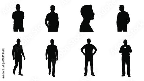 Silhouettes of men in various poses isolated on white background, Vector