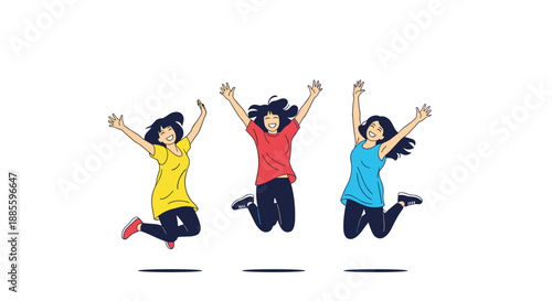 Three happy young women jumping high in the air with their arms raised celebrating success and expressing pure joy and excitement.