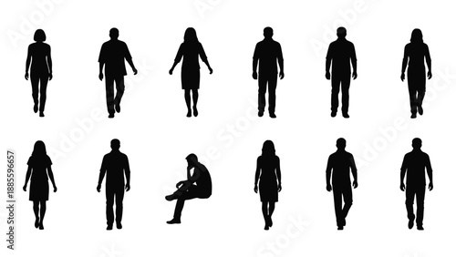 Silhouettes of people in various poses isolated on white background, Vector