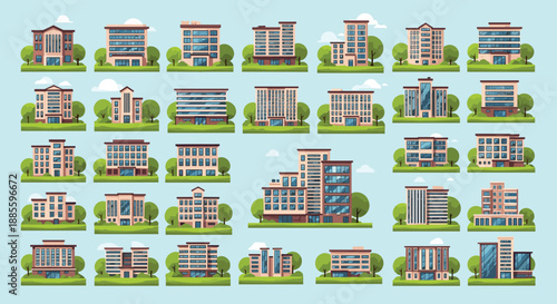 Extensive collection of twenty-eight diverse modern building designs ranging from small apartment blocks to large corporate office structures.