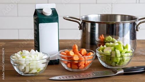Flat lay of mirepoix ingredients with a chef’s knife, broth carton, and fresh vegetables arranged on a wooden countertop in soft daylight.