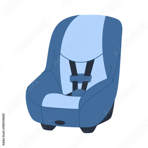 Blue child car seat with harness designed for vehicle safety, showing secure seating for infants and toddlers, isolated on white background vector illustration