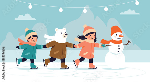 Group of happy children and a friendly polar bear skating on ice alongside a snowman under festive lights in a winter landscape.