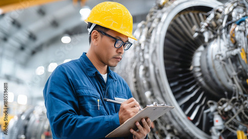 Faceless inspector using a borescope to check the interior of a jet engine, NDT Professionals Day concept, aerospace maintenance hangar, bright high-key lighting, technical experti
