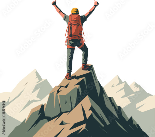 Hiker Celebrating Success at Mountain Peak with Arms Raised