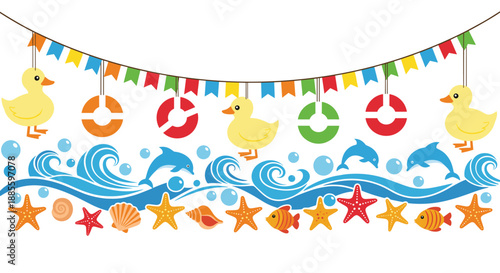 Fun nautical border design featuring ocean waves, swimming dolphins, ducks, colorful fish, starfish, seashells, lifebuoys, and festive bunting.