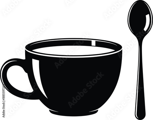 Black coffee cup with spoon silhouette icon isolated on white background for cafe menu branding illustration design, vector, clipart, template