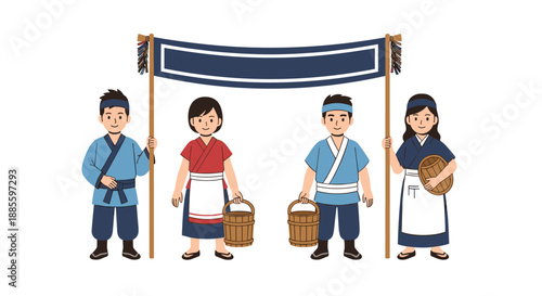 Four people in traditional Japanese work attire holding a large banner and wooden buckets representing rural cultural heritage and labor.
