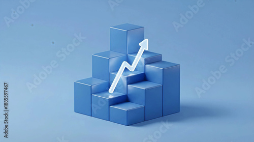 A blue 3D bar graph with a rising arrow symbolizing business growth, financial success, and upward market trends