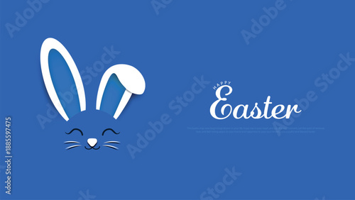 Happy Easter greeting card with white and blue Easter Bunny isolated on a blue background, vector minimal illustration