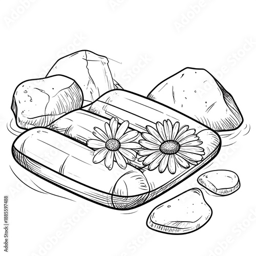 Line art of a floating raft with two flowers among surrounding rocks