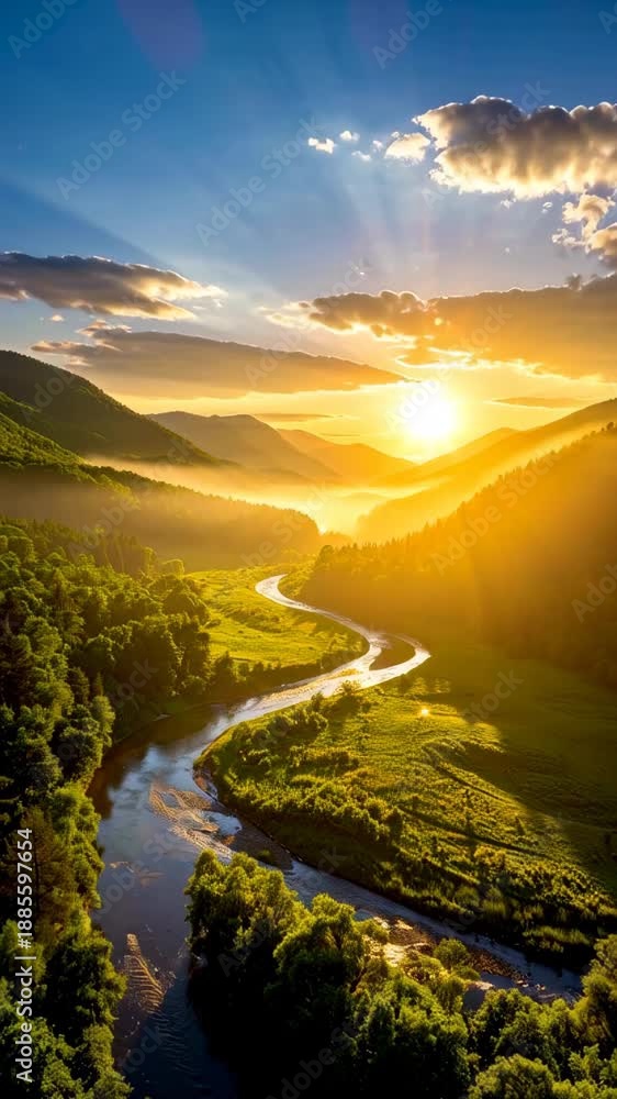 custom made wallpaper toronto digitalSerene river winding through a lush green valley with mountains bathed in the warm golden light of the setting sun.