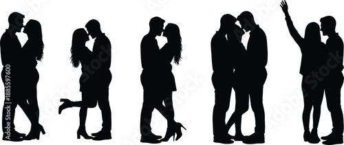 Black romantic couple silhouettes set, kissing hugging love poses isolated on white background for wedding valentine relationship illustration design concept