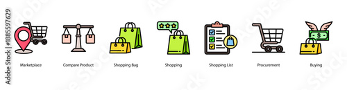 Buying Process web banner vector illustration featuring Marketplace, Compare Product, Shopping Bag, Shopping, Shopping List, Procurement, and Buying.