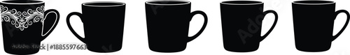 Black coffee mug silhouettes set with decorative cup design icons isolated on white background for cafe branding illustration, vector, clipart