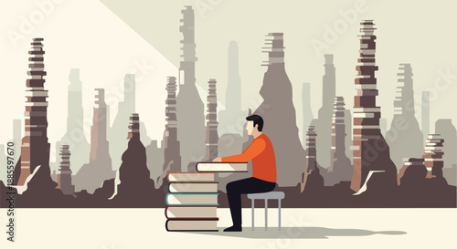 Man studying diligently at a desk of stacked books, symbolizing the pursuit of knowledge and personal growth amidst a stylized industrial cityscape.