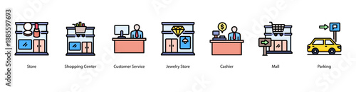 Mall Services web banner vector illustration featuring Store, Shopping Center, Customer Service, Jewelry Store, Cashier, Mall, and Parking.