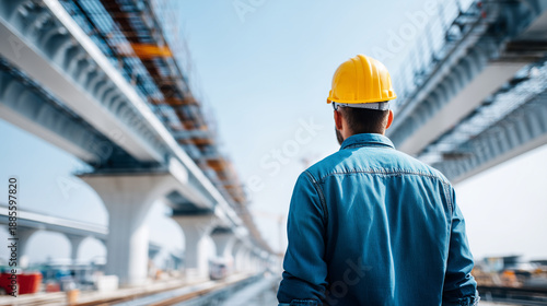 Banner shot of a high-speed highway or dam under construction, faceless worker in the foreground, Civil Engineer's Day concept, infrastructure development, wide-angle cinematic sho