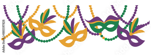 Mardi Gras Masks with Colorful Beads on White Background