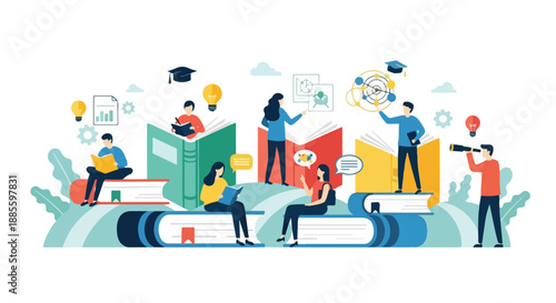 Diverse group of people learning and studying with books, lightbulbs, and graduation caps, symbolizing knowledge and education