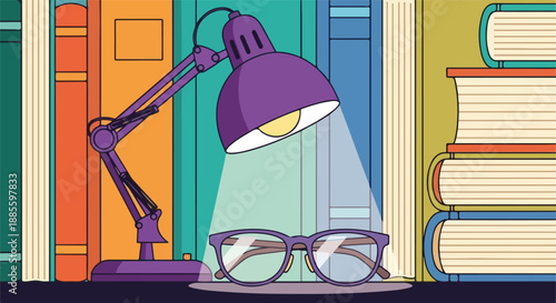 Desk lamp illuminates eyeglasses placed in front of a bookshelf filled with colorful books, symbolizing study and knowledge.