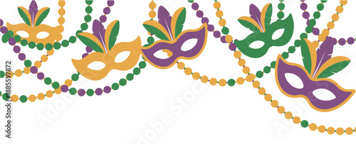 Mardi Gras Masks and Beads on White Background