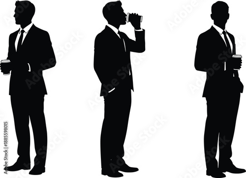 Business men silhouette holding coffee cup, formal suit figures set, professional lifestyle illustration, corporate people vector for office branding marketing presentation design template advertising