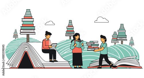 People reading books in a surreal landscape made of books, symbolizing education and imagination