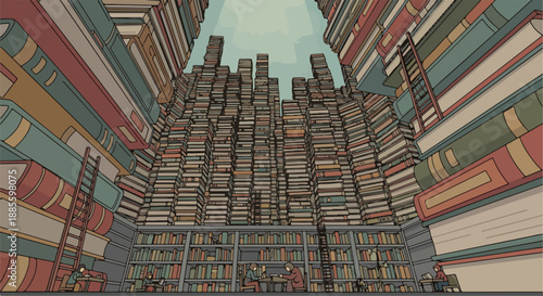 Vast library filled with towering stacks of books, creating an overwhelming sense of knowledge and history.