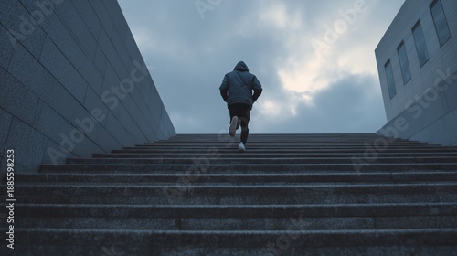 Person runs up a staircase during early evening in a modern urban setting with clouds in the sky