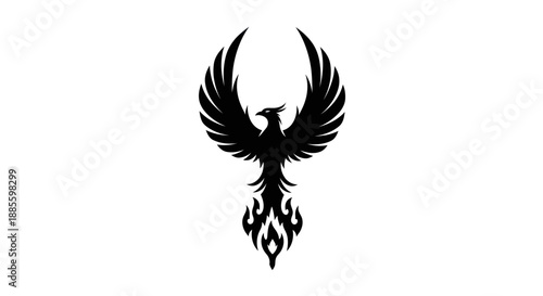 Black phoenix soaring on white background