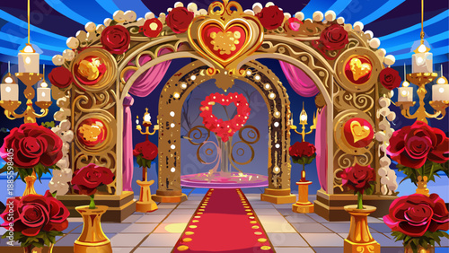 Luxurious wedding archway with red carpet and heart shaped decoration