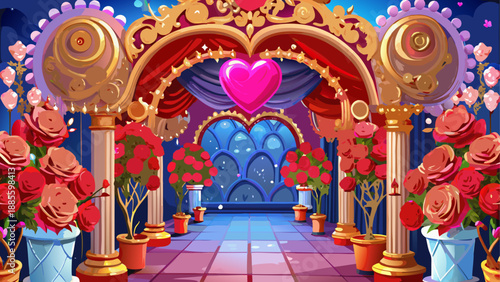 Luxurious entrance with heart shaped decoration and roses