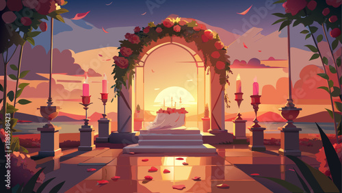 Romantic wedding archway with rose petals at sunset