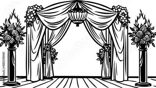 Elegant stage decor with curtains and floral arrangements