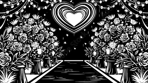 Romantic wedding aisle with floral decor and heart shape