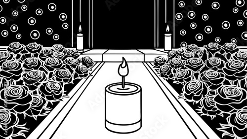 Candle lit path through roses to dark entrance
