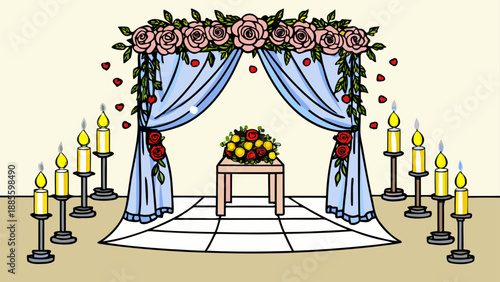 Beautiful wedding arch decoration with candles and flowers