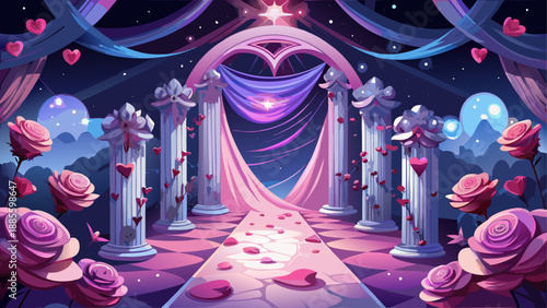 Romantic wedding archway with roses and hearts under starry night
