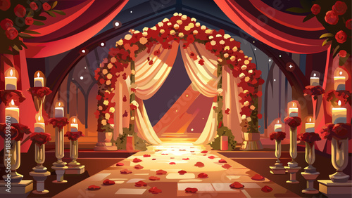 Romantic wedding ceremony venue with rose petals and candles