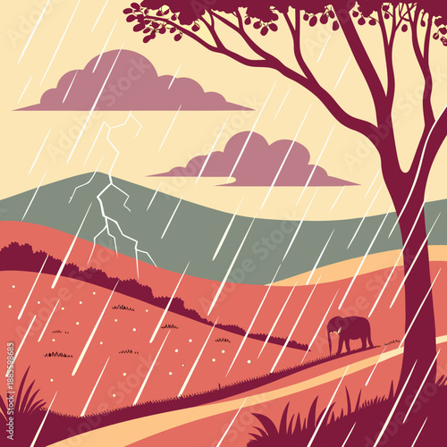 Abstract monsoon landscape characterized by flowing vector rain, illustrating dynamic weather and atmosphere.
