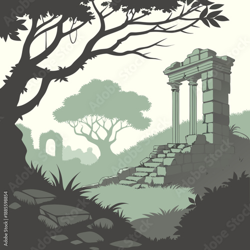 Minimalist ancient ruins landscape suggested by subtle vector lines, evocative historical art