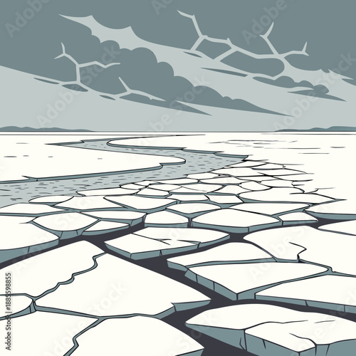 Minimalist arctic coast landscape with abstract broken ice patterns in cool blue and white vector art
