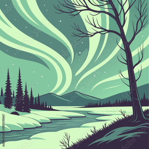 Serene arctic dawn landscape with smooth flowing vector aurora borealis in purple and blue hues