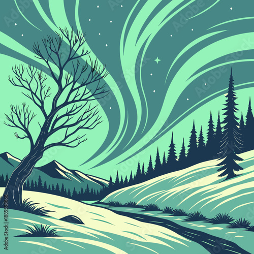 Serene arctic dawn landscape with smooth flowing vector aurora borealis in purple and blue hues