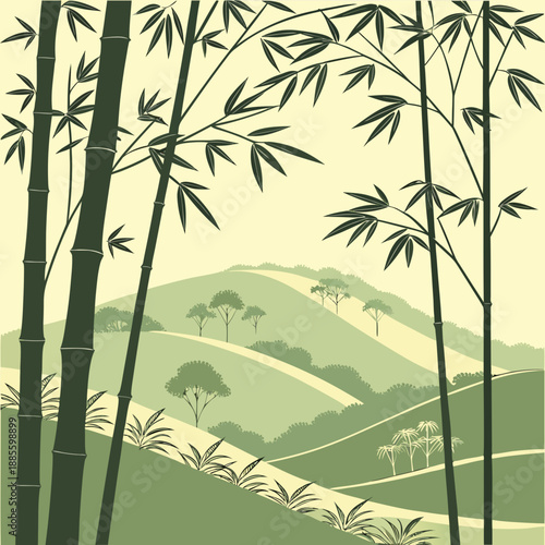 Tranquil bamboo hill landscape with rhythmic vertical vector lines in green and grey tones