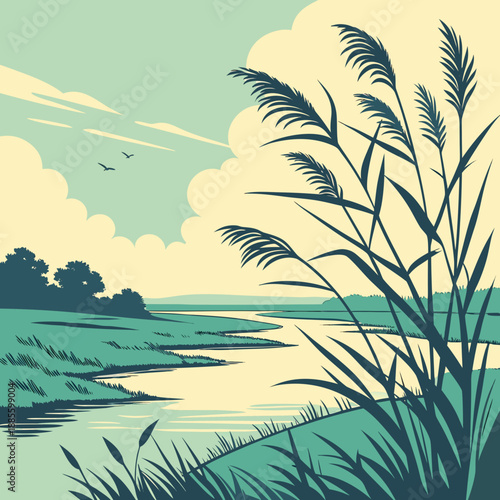 Serene wetlands landscape with abstract, delicate reeds and calm water, soft green and blue vector art.